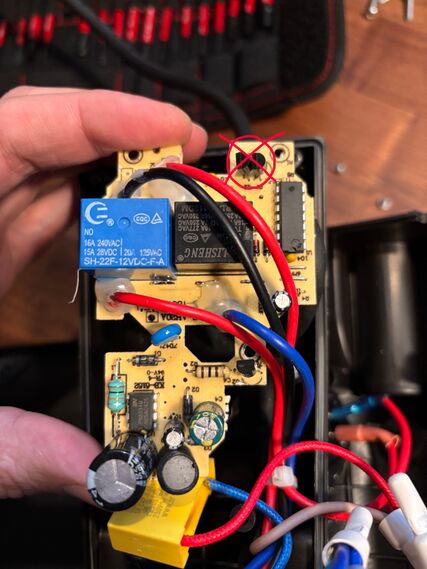 Component side, showing the two transistors which should be removed.