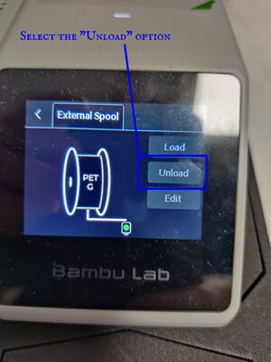 Select "unload" option to detach filament from print head.